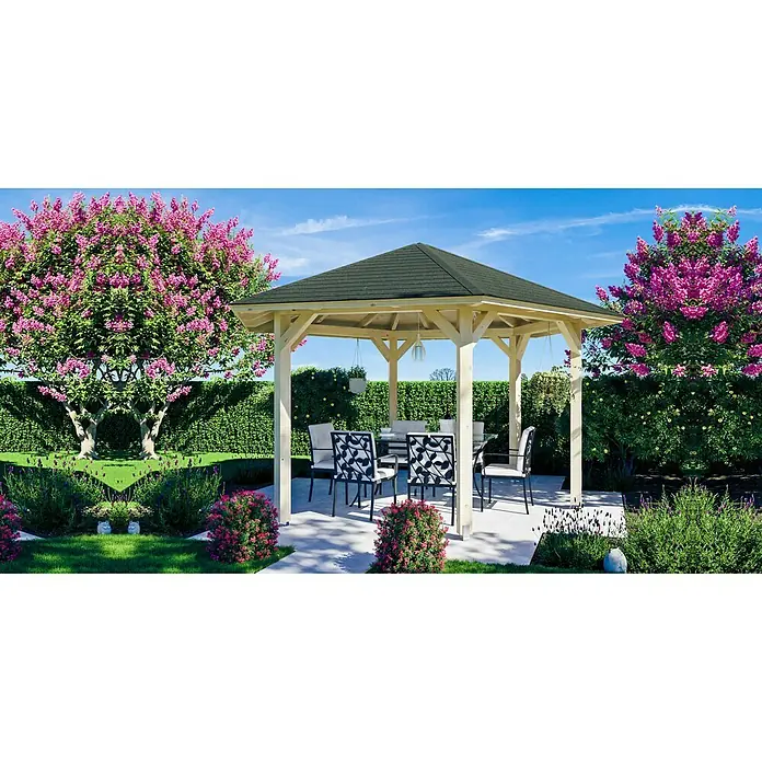 SKAN HOLZ Pavillon Nancy 3 - L x B: 416 x 480 cm, Natur - Abbildung eines sechseckigen Holzpavillons mit Esstisch und Stühlen auf einer gepflasterten Terrasse in einem gepflegten Garten.