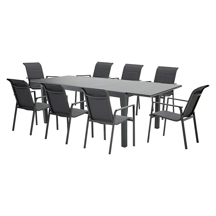 Silla de jardín Pia - Gris oscuro, Apilable, 57 x 70 x 90 cm - Una mesa de comedor gris con ocho sillas, perfecta para exteriores o un patio elegante, que ofrece amplios asientos.