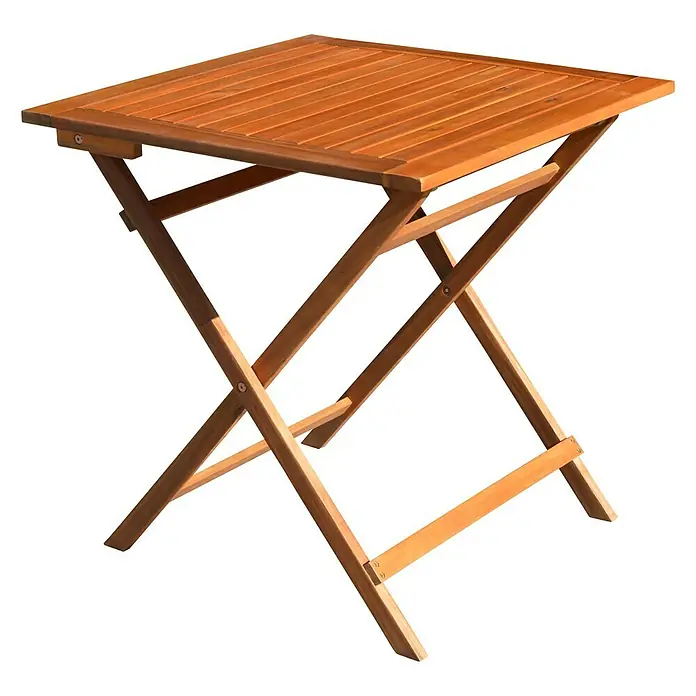 Mesa de jardín Debora - L x An x Al: 70 x 70 x 72 cm, Acacia, Natural, Abatible - Mesa plegable de madera con tablero cuadrado y base en forma de cruz. Ideal para jardín o balcón.