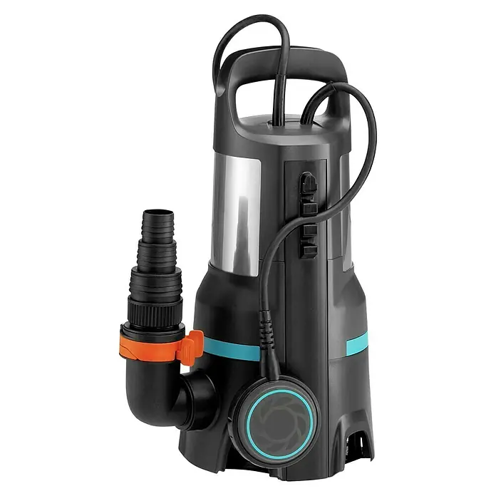 Gardena Bomba para aguas residuales 25000 - 1.100 W, Capacidad de bombeo máx.: 25.000 l/h - En la imagen se muestra una bomba sumergible para aguas sucias de Gardena con asa de transporte, cable y pieza de conexión. Apta para agua limpia y sucia.