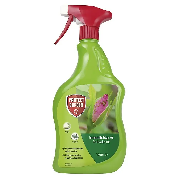 Antiorugas biológico Polivalente Decis - 750 ml - Imagen de un pulverizador fitosanitario Protect Garden con cabezal rojo y etiqueta con capullos de rosa y plagas.