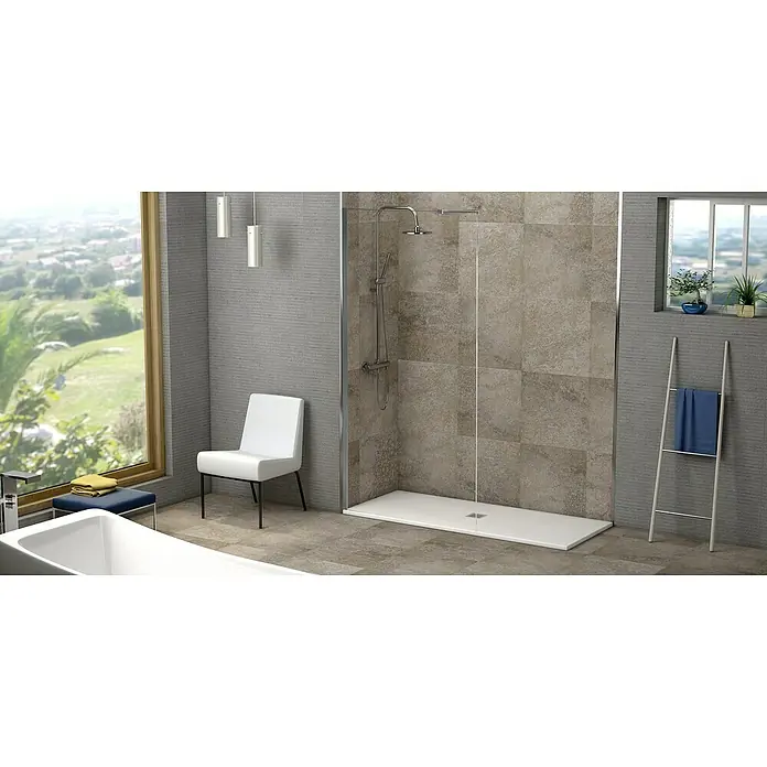 Mampara de ducha fija Aruba - An x Al: 80 x 200 cm, Cromo - Un baño con una moderna cabina de ducha, una silla elegante y una gran ventana con exuberantes vistas verdes. La ducha muestra accesorios prémium.