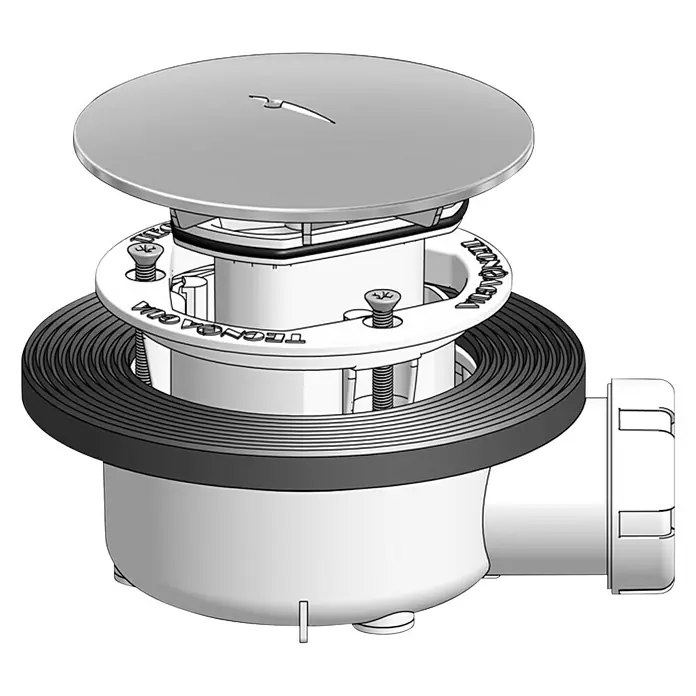 Tecnoagua Válvula sifónica para ducha baja gran caudal con tornillos - 115 mm, 1 ½″ - La imagen presenta una vista detallada de un accesorio de drenaje, comúnmente utilizado para duchas y lavabos. Tapa plateada.