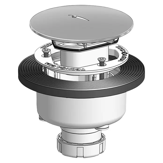 Tecnoagua Válvula sifónica para ducha vertical gran caudal con tornillos - 115 mm, 1 ½″ - Representación de un sistema de drenaje con tapa plateada, ideal para baños o duchas. Producto duradero de alta calidad.