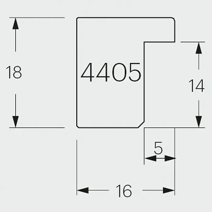 Bubola & Naibo Holzrahmen 4405/05 - 40 x 50 cm, Weiß - Technische Zeichnung eines Profils mit den Maßen 18, 14, 5 und 16, sowie der Bezeichnung 4405.