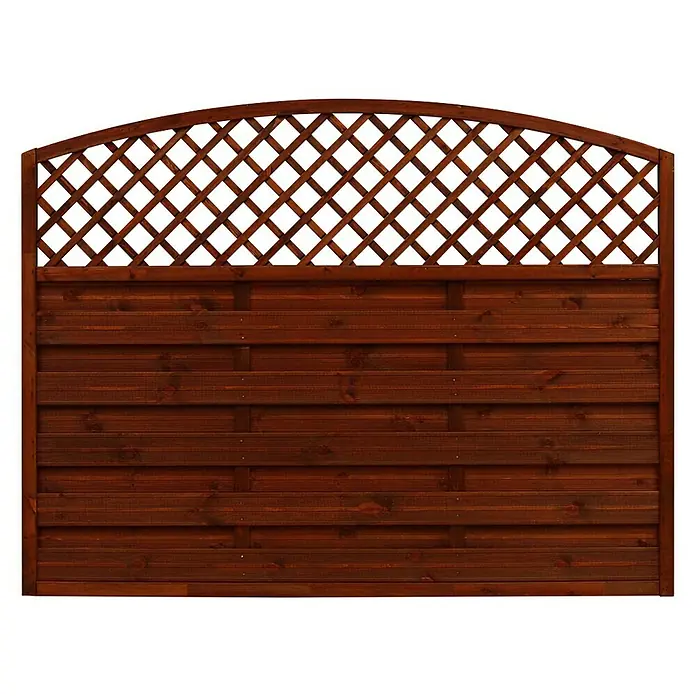 Andrewex Sichtschutzelement Bordeaux - 180 x 120 cm, Braun - Detailaufnahme eines braunen Holzzauns mit Lattenstruktur und dekorativem Gitteraufsatz. Ideal als Sichtschutz oder Gartenelement.