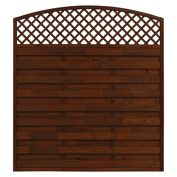 Andrewex Sichtschutzelement Bordeaux - 180 x 180/195 cm, Braun - Nahaufnahme eines dekorativen Gartenzauns aus braunem Holz mit Lattenmuster, ideal für Privatsphäre und Gartengestaltung.