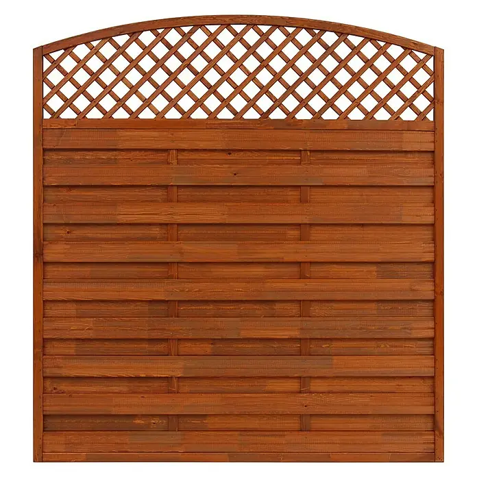 Andrewex Sichtschutzelement Bordeaux - 180 x 180/195 cm, Teak - Eine Holzzaunplatte mit Lattenrost im oberen Bereich. Der Zaun ist aus braunem Holz gefertigt und hat eine gebogene Oberkante.