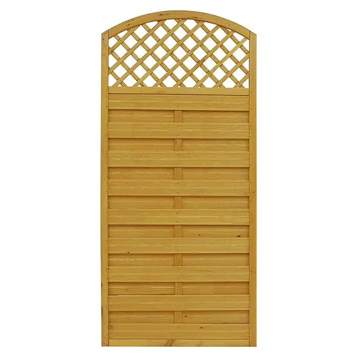 Andrewex Sichtschutzelement Bordeaux - 90 x 180/195 cm, Pinie - Ein Holzzaunpaneel mit Lattenzaun und einer Lattenstruktur im oberen Bereich.