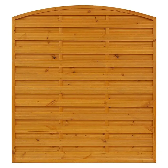 Andrewex Sichtschutzelement München - 180 x 180/195 cm, Pinie - Nahaufnahme einer hölzernen Zaunplatte mit abgerundetem Oberteil, die eine warme, natürliche Holzmaserung und eine robuste Konstruktion zeigt.