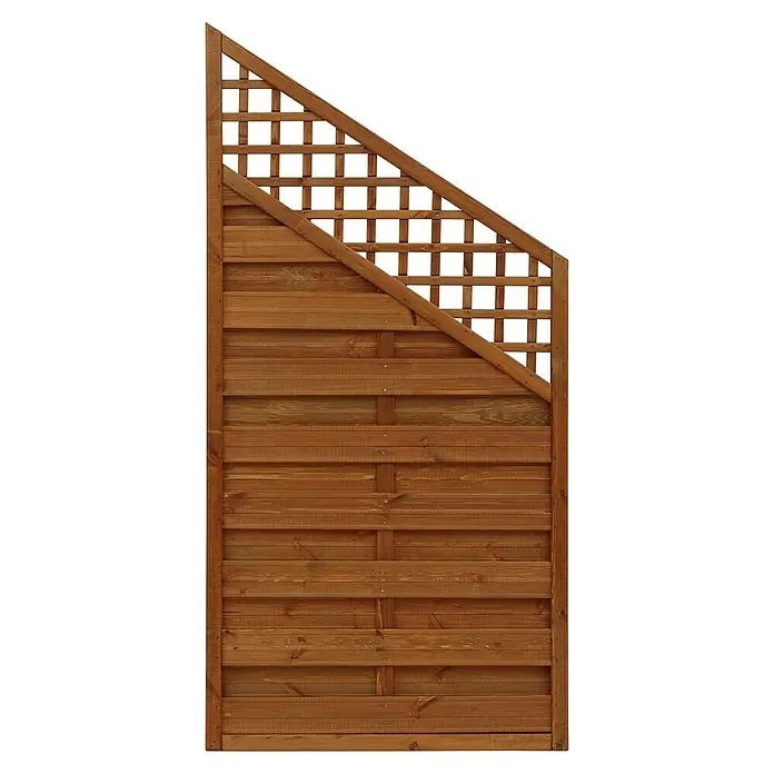 Andrewex Sichtschutzelement Bordeaux - 90 x 120/180 cm, Teak - Eine Holzzaunplatte mit diagonaler Gitterstruktur im oberen Bereich, die Ihrem Garten einen dekorativen Touch verleiht.
