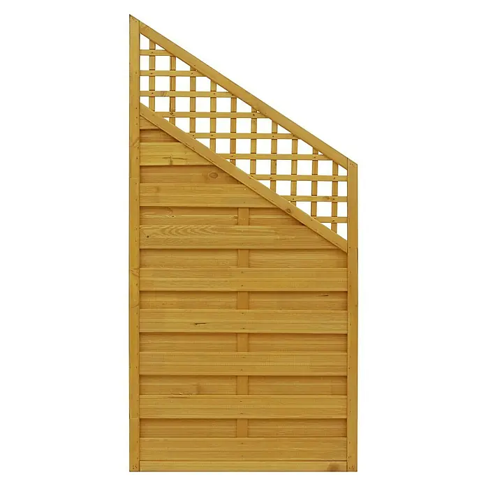 Andrewex Sichtschutzelement Bordeaux - 90 x 120/180 cm, Pinie - Nahaufnahme eines Holzgartenzauns mit Lattenrost-Design und einer warmen, honigfarbenen Holzoberfläche, ideal für den Außenbereich.