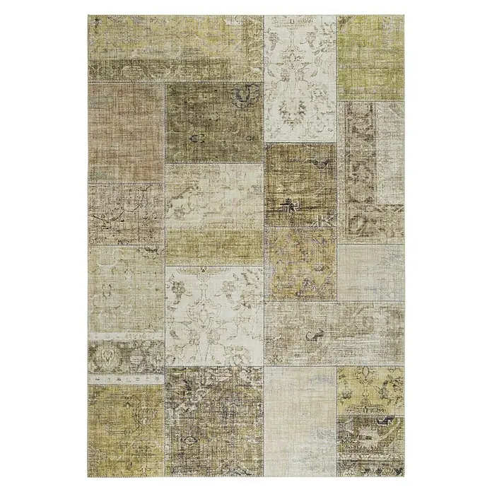 Kurzflorteppich Prima - Beige/Gelb, 150 x 80 cm, 100 % Polyester - Einzigartiger Patchwork-Teppich mit verschiedenen Mustern und Texturen in Erdtönen für einen vielseitigen Look.