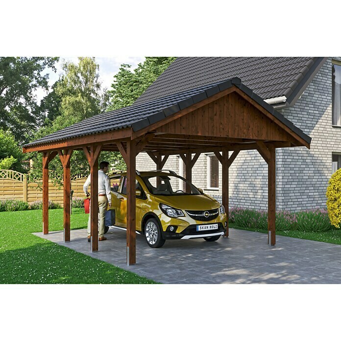 Skan Holz Carport Wallgau (Außenmaß inkl. Dachüberstand (B x T): 3,8 x 6 m, Einzelcarport, Nussbaum, Farbe Dach: Schwarz, Materialspezifizierung Dach: Fichte, Bitumen) | BAUHAUS