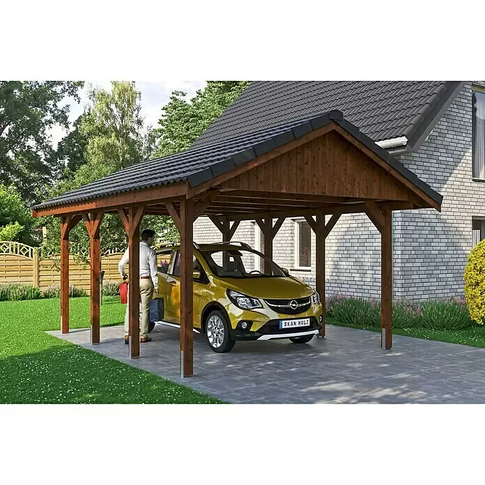 SKAN HOLZ Carport Wallgau - Außenmaß inkl. Dachüberstand (B x T): 3,8 x 6 m, Einzelcarport, Nussbaum, Farbe Dach: Schwarz, Materialspezifizierung Dach: Fichte, Bitumen - Anwendungsbeispiel