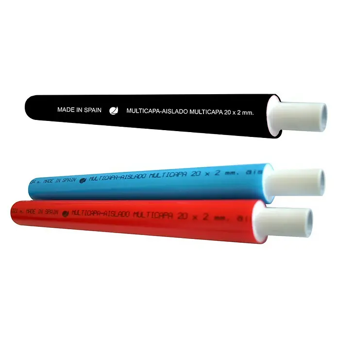 Isoltubex Tubo multicapa aislada en rollo - Diámetro: 25 mm, Largo: 25 m, Rojo - La imagen muestra tuberías Multicapa aisladas de 20 x 2 mm, fabricadas en España. Las tuberías son rojas, azules y negras y tienen extremos blancos.