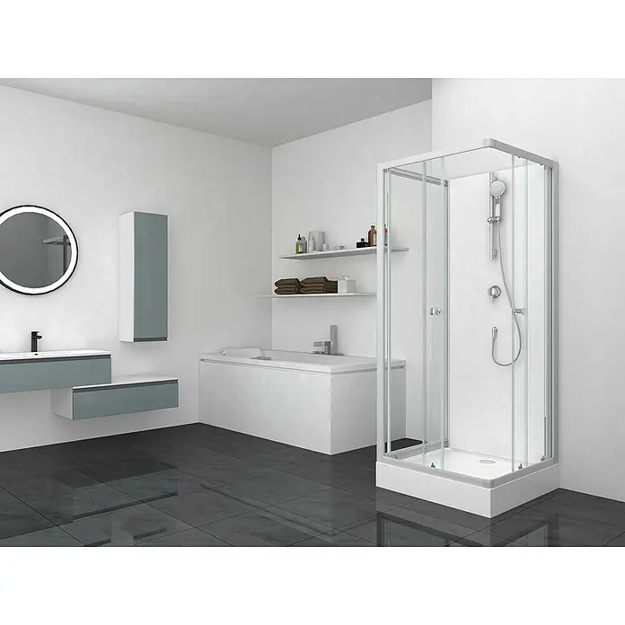 Aurlane Cabina de ducha completa White Wave - 80 x 80 x 200 cm, Blanco/gris - Baño con cabina de ducha moderna, tocador con espejo, bañera y estanterías. La cabina de ducha es un punto focal en el espacio.