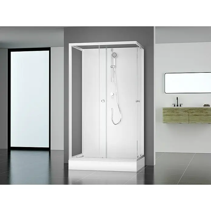 Aurlane Cabina de ducha completa White Wave - 80 x 110 x 200 cm, Blanco/gris - Un baño moderno muestra una elegante cabina de ducha blanca con puertas de vidrio y detalles cromados.