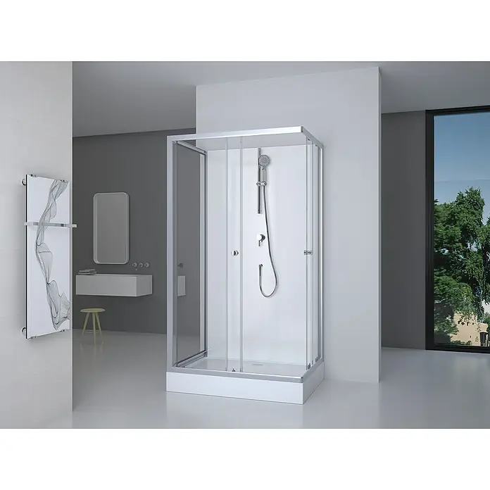 Aurlane Cabina de ducha completa White Wave - 80 x 110 x 200 cm, Blanco/gris - Imagen de una elegante cabina de ducha con marco plateado y paneles de vidrio transparente que complementa un diseño de baño moderno.