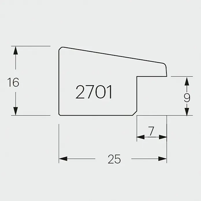 Holzrahmen 2701 - DIN A4 / 21 x 29,7 cm, Nuss, Glas - Profilquerschnitt mit Maßen. Eine detaillierte Darstellung des Profils mit den Abmessungen 16, 25, 7 und 9.