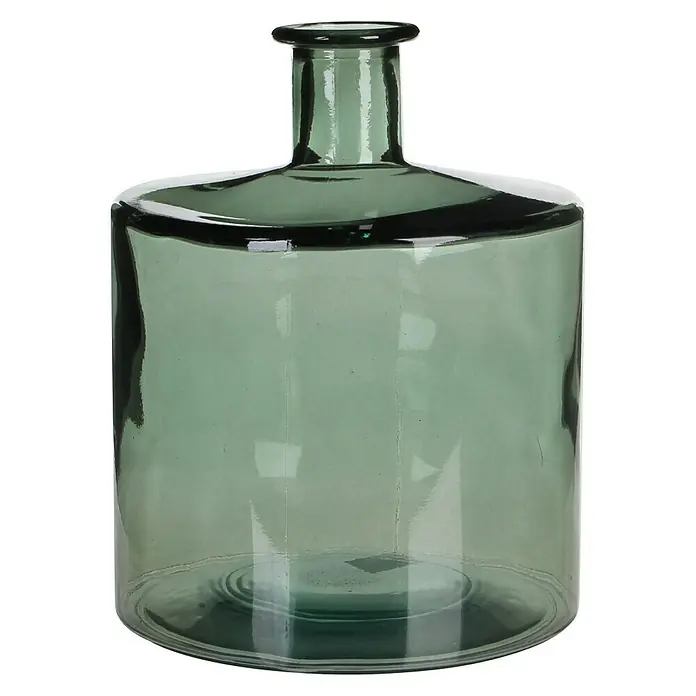 Jarrón Guan - Ø x Al: 21 x 26 cm, Vidrio, Gris - Jarrón de vidrio verde con cuerpo cilíndrico y cuello corto. El jarrón es un elemento decorativo para flores u otras decoraciones.