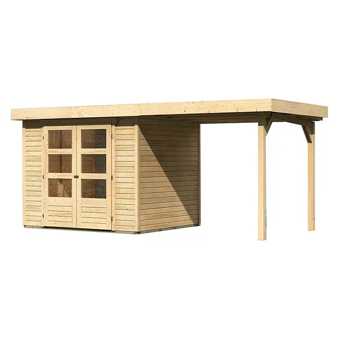 Karibu Gartenhaus Askola - Außenmaß inkl. Dachüberstand (B x T): 491 x 238 cm, Holz, Natur, Mit Anbaudach - Holzschuppen mit Doppeltüren und überdachtem Bereich, ideal für Gartenwerkzeuge und Entspannung im Freien.