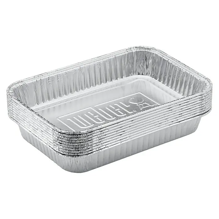 Weber Alu-Tropfschale - L x B x H: 21 x 15 x 5 cm, 10 Stk. - Ein Stapel rechteckiger Aluminium-Grillschalen von Weber, ideal für die Zubereitung von Speisen auf dem Grill. Praktisch und vielseitig.