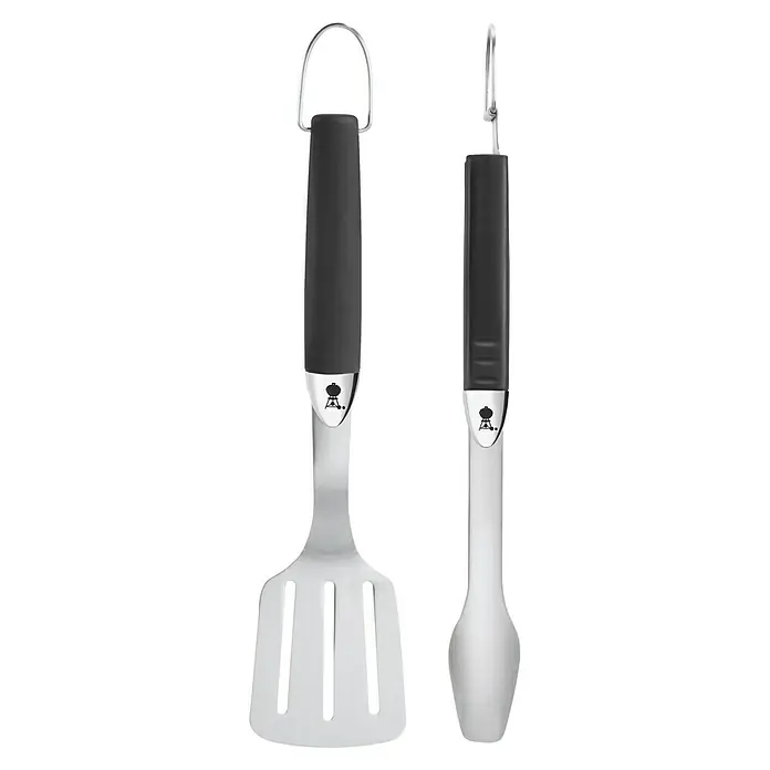 Weber Utensilios para barbacoa Compacto - 2 pzs., Acero inoxidable - Juego de utensilios para parrilla: espátula ranurada y pinzas para asar con prácticos lazos para colgar para asar cómodamente y guardar fácilmente.