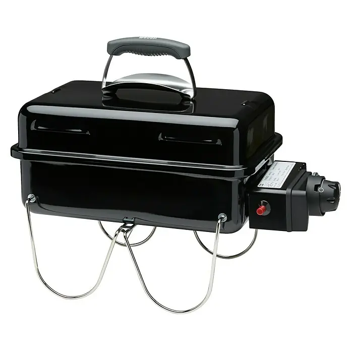 Weber Go-Anywhere Gasgrill - Grillfläche (B x T): 42 x 26 cm, 1,9 kW, Anzahl Brenner: 1 - Schwarzer Weber Go-Anywhere Gasgrill mit verchromten Standfüßen und einem Griff am Deckel. Praktisch für unterwegs.