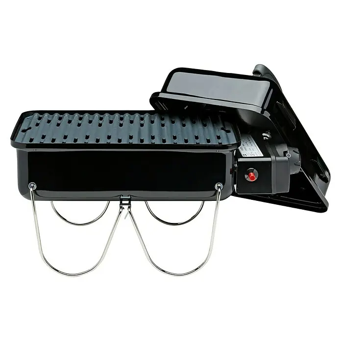Weber Go-Anywhere Gasgrill - Grillfläche (B x T): 42 x 26 cm, 1,9 kW, Anzahl Brenner: 1 - Tragbarer schwarzer Grill mit offenem Deckel und silbernen Beinen, ideal für Grillen unterwegs. Perfekt für Picknicks und Camping.