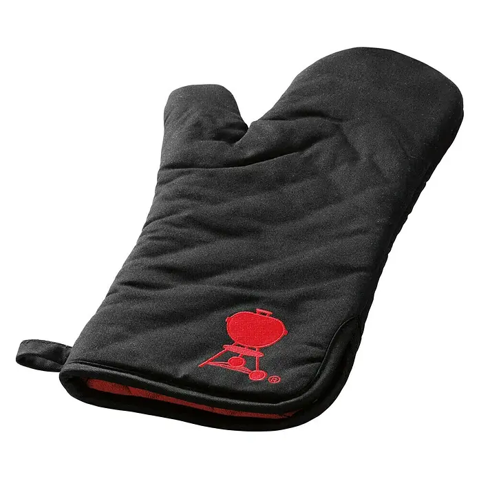 Weber Grillhandschuh - Schwarz - Ein schwarzer Weber Grillhandschuh mit rotem Weber-Logo, ideal zum Schutz beim Grillen. Innen ist der Handschuh rot gefüttert.