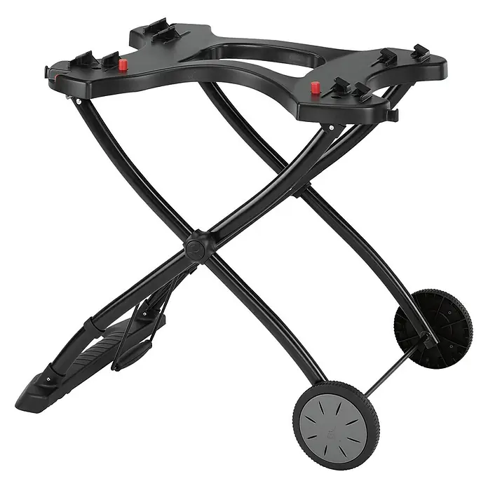 Weber Carro con ruedas para barbacoa - Específico para: Serie de barbacoa Q1000 / Q2000 - Imagen de un soporte para parrilla portátil negro con ruedas para facilitar su transporte y almacenamiento.
