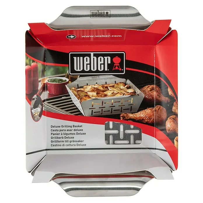 Weber Style Gemüsekorb - Edelstahl, 19 x 19 cm - Abbildung der Weber Deluxe Grillkorb Verpackung. Ideal zum Grillen von Gemüse und kleineren Speisen.