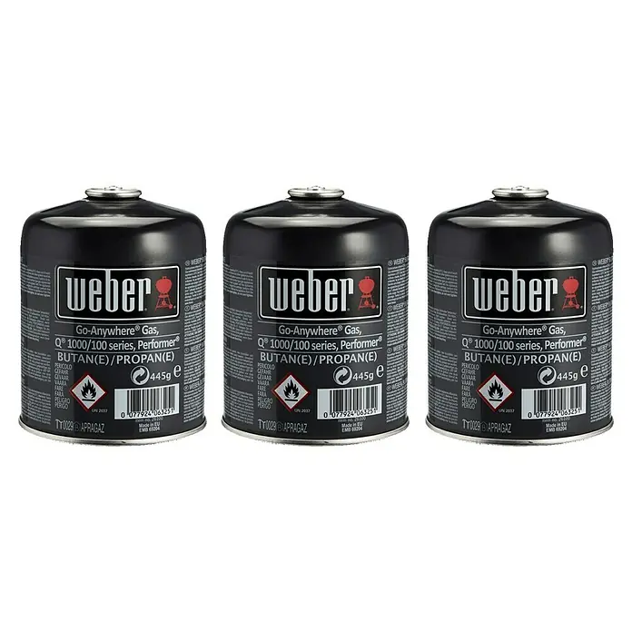 Weber Schraubkartusche - 445 g, 3 Stk. - Drei Weber Gaskartuschen, ideal für Go-Anywhere Grills, Q 1000/100 Serien und Performer Grills, gefüllt mit Butan/Propan Gasgemisch.