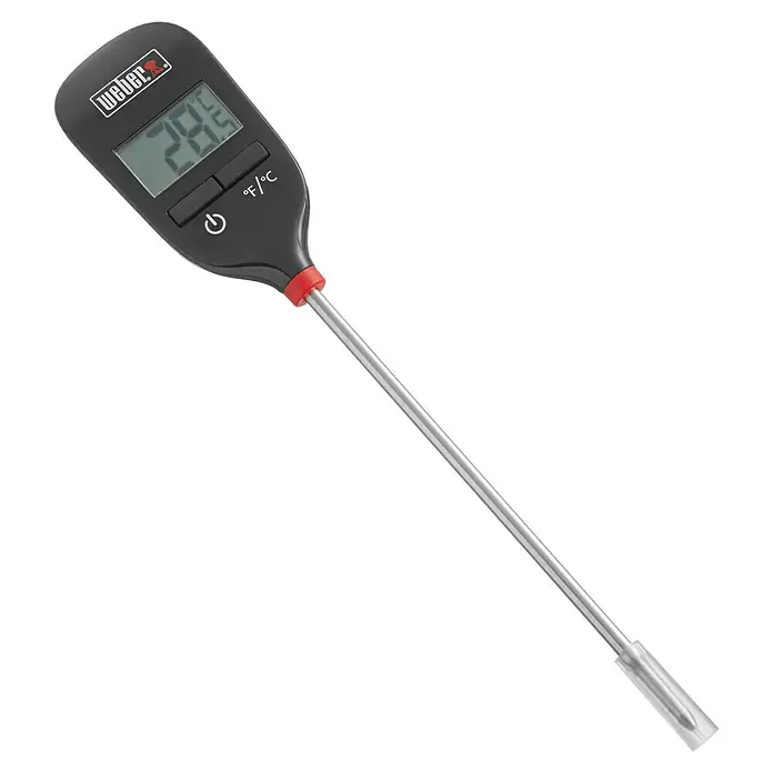Weber Grill-Thermometer - Digital - Ein Weber Digital-Fleischthermometer mit einer Edelstahllanze und einer roten Manschette am Griff.