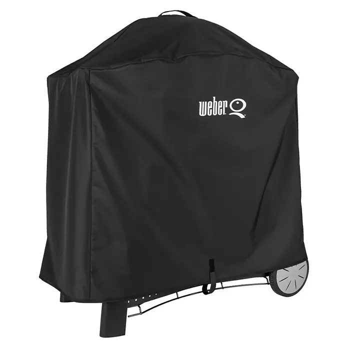 Weber Grill-Schutzhülle Premium - Passend für: Weber Q 300/3000 Serie - Schwarze Weber Grillabdeckung, die einen Grill vor Witterungseinflüssen schützt, mit dem Weber-Logo in Weiß auf der Vorderseite.