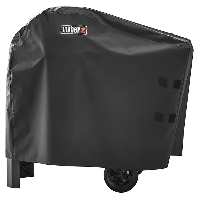 Weber Premium Grill-Schutzhülle - Passend für: Weber Pulse 1000/2000 mit Rollwagen - Produktbild einer schwarzen Weber Grillabdeckung, die den Grill vor Witterungseinflüssen schützt.