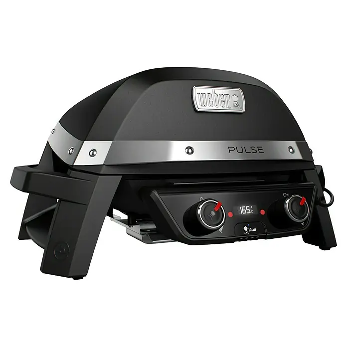 Weber Elektrogrill Pulse 2000 - Grillfläche (B x T): 49 x 39 cm, 2.200 W - Eine Nahaufnahme des Weber Pulse Elektrogrills, der ein modernes Design und eine digitale Temperaturanzeige bietet.
