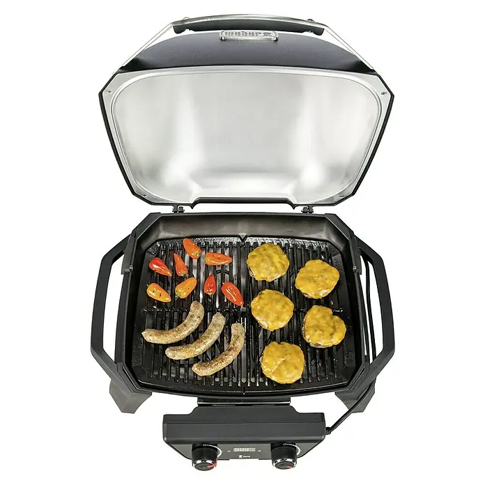 Weber Elektrogrill Pulse 2000 - Grillfläche (B x T): 49 x 39 cm, 2.200 W - Weber Elektrogrill mit Grillgut wie Burger, Würstchen und Paprika, ideal für leckere Mahlzeiten im Freien.
