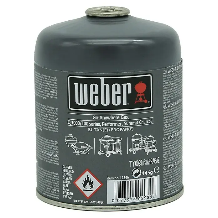 Weber Schraubkartusche - 445 g, 1 Stk. - Weber Go-Anywhere Gas Q 1000/100 Serie, Performer, Summit Charcoal Butan/Propan-Gemisch für Grills, ideal für unterwegs.