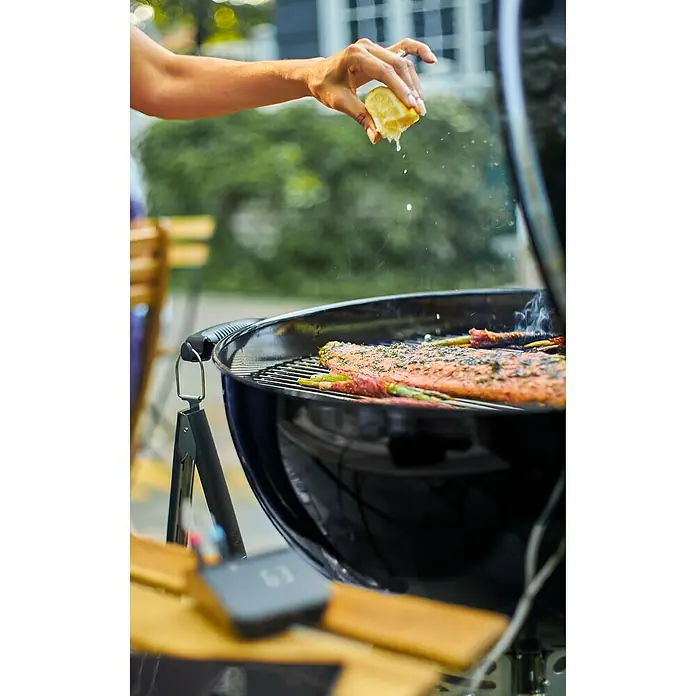 Weber Smart-Grill-Assistent - L x B x H: 9,8 x 3,4 x 7,5 cm - Eine Hand presst Zitrone über gegrilltem Fisch auf einem Weber-Grill, der auf einer Holzoberfläche steht. Köstliche Mahlzeit im Freien.