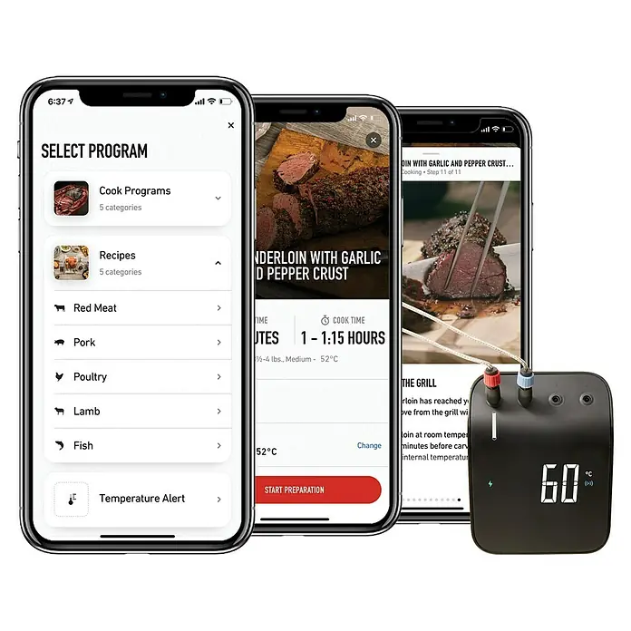 Weber Smart-Grill-Assistent - L x B x H: 9,8 x 3,4 x 7,5 cm - Das Bild zeigt eine App zur Steuerung eines Fleischthermometers mit verschiedenen Garprogrammen und Rezepten.