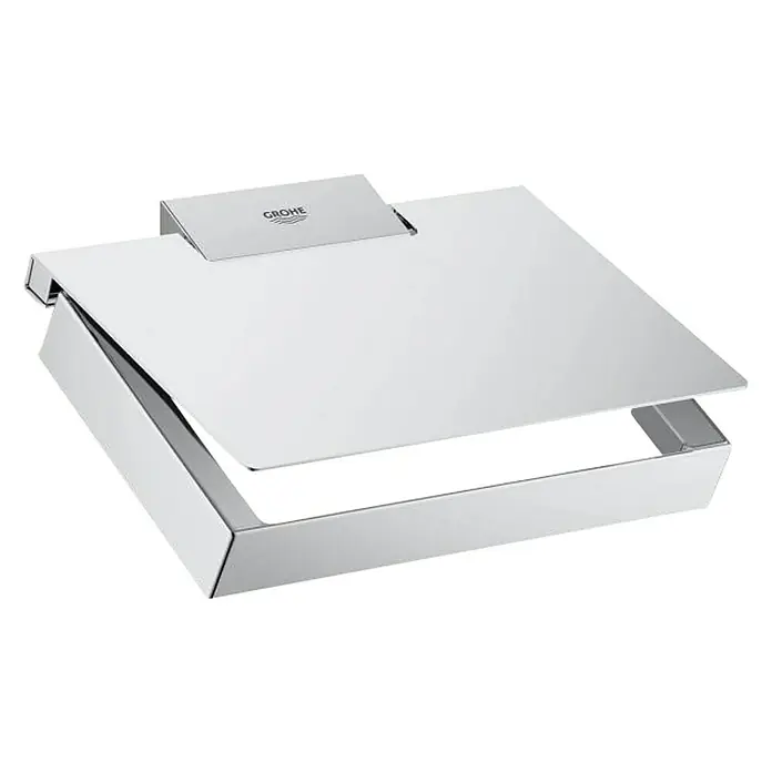 Grohe Selection Cube Toilettenpapierhalter - Mit Deckel, Chrom, Glänzend - Das Bild zeigt einen eleganten Grohe Essentials Cube Toilettenpapierhalter mit Ablage in glänzendem Chromdesign.