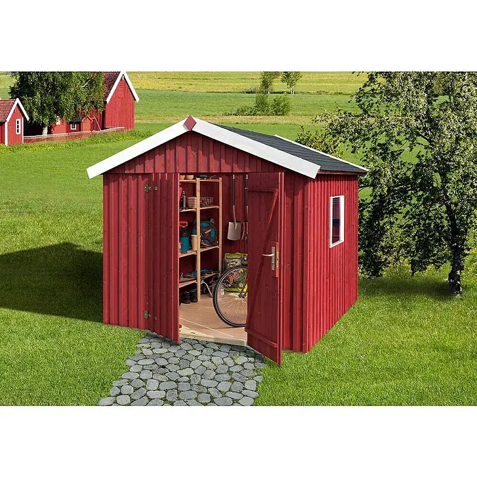 Weka Gerätehaus - Außenbreite inkl. Dachüberstand: 277 cm, Außentiefe inkl. Dachüberstand: 208 cm, Holz, Rot - Ein rotes Gartenhaus mit geöffneten Türen, das einen Einblick in das Innere mit Regalen und Werkzeugen bietet.