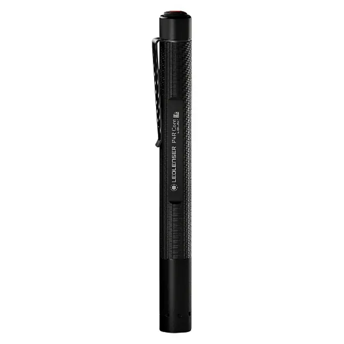 Ledlenser Taschenlampe P4R Core - 15 lm - 200 lm, IP54 - Abbildung einer schwarzen Ledlenser P4R Core Stiftlampe mit roter LED und Clip. Praktisch und kompakt für unterwegs.