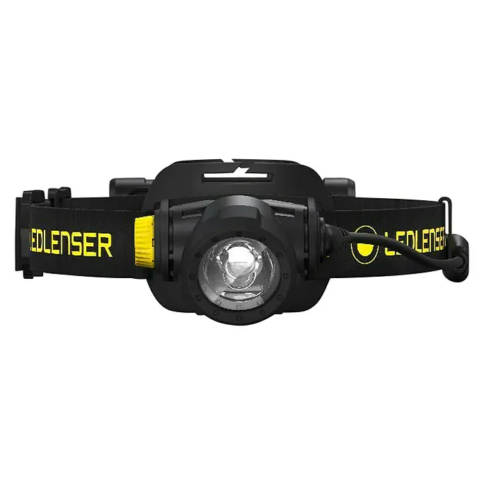 Ledlenser Stirnlampe H7R Work - 15 lm - 1.000 lm, IP67 - Nahaufnahme einer Ledlenser Stirnlampe mit gelben Akzenten und dem Markennamen auf dem Stirnband.