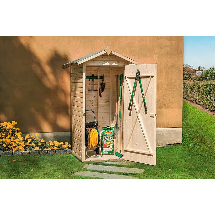 Weka Gartenschrank - L x B: 83 x 85 cm, Wandstärke: 14 mm - Gartenschuppen aus Holz mit geöffneter Tür, gefüllt mit Gartengeräten wie Schlauch, Schaufel und Gartenschere.