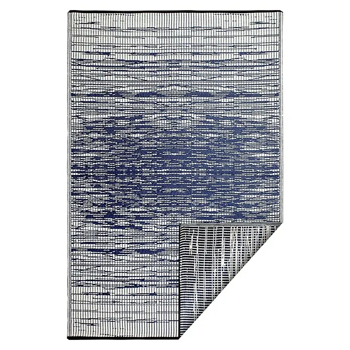 Outdoor-Teppich Brooklyn - Blau/Weiß, 180 x 120 cm, 100 % Polypropylen - Musterteppich in Blau und Weiß mit gefalteter Ecke, zeigt ein lineares Design, ideal für moderne Wohnräume und zur Aufwertung des Interieurs.