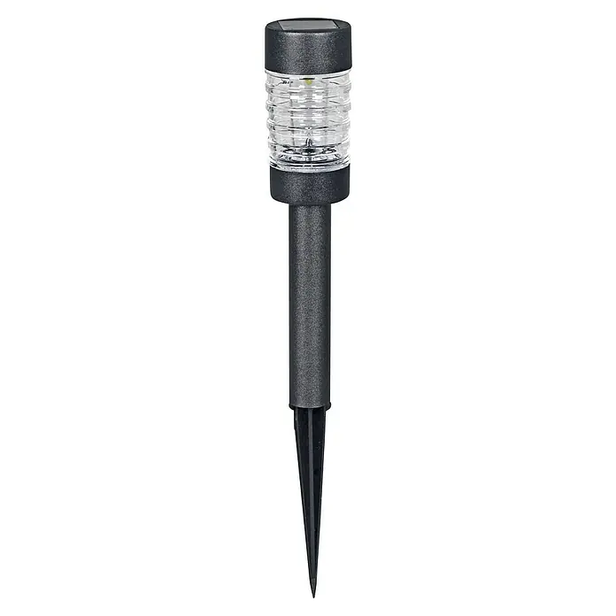 Luxform Estaca solar Rennes - Transparente, Negro, 5 lm - Primer plano de una lámpara solar para exteriores con pantalla transparente acanalada y estaca de tierra. Ideal para jardín o patio.