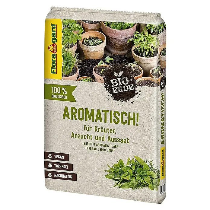 Floragard Bio-Kräuter- & Aussaaterde Aromatisch! - 10 l - Abbildung eines Sacks Floragard AROMATISCH! Bio-Erde für Kräuter, Anzucht und Aussaat, 100% biologisch, vegan, torffrei und nachhaltig.